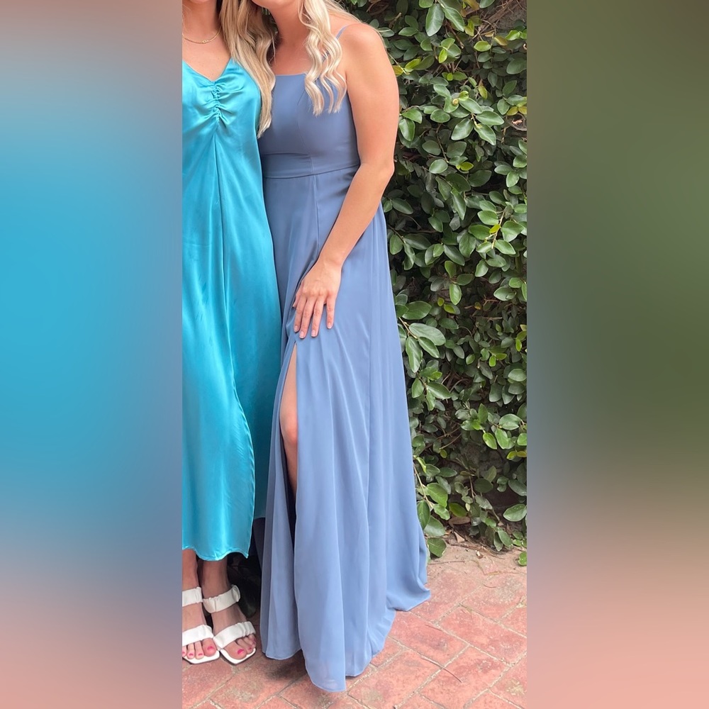 spaghetti strap chiffon bridesmaid dress with slit
F20342 STEELBLUE